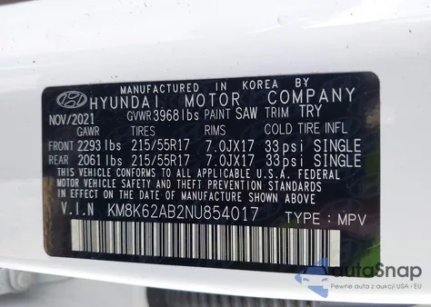 2022 Hyundai Kona Sel from USA, damaged, VIN KM8K62AB2NU854017